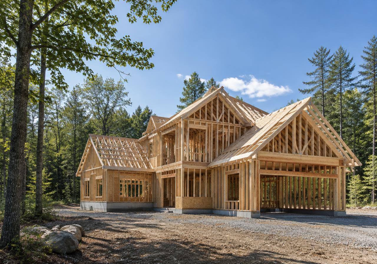 Illustrative image: timber framing of a home under construction
